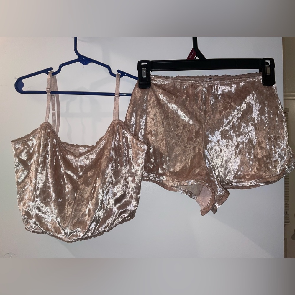 Fashion Nova Velvet Pajama Set in Tan